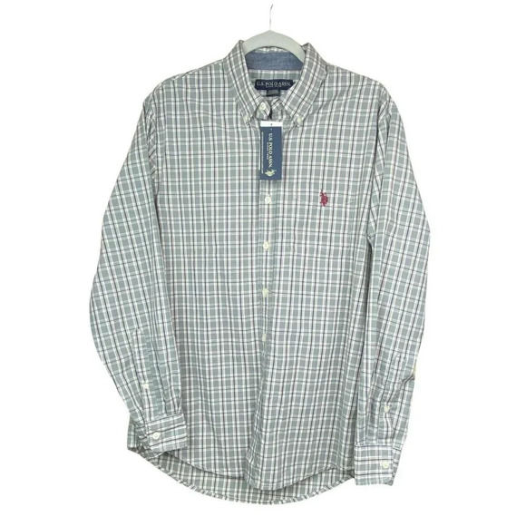 U.S Polo Assn Men's Button Down Shirt Long Sleeve M Medium Gray Blue Plaid NWT - Picture 1 of 6